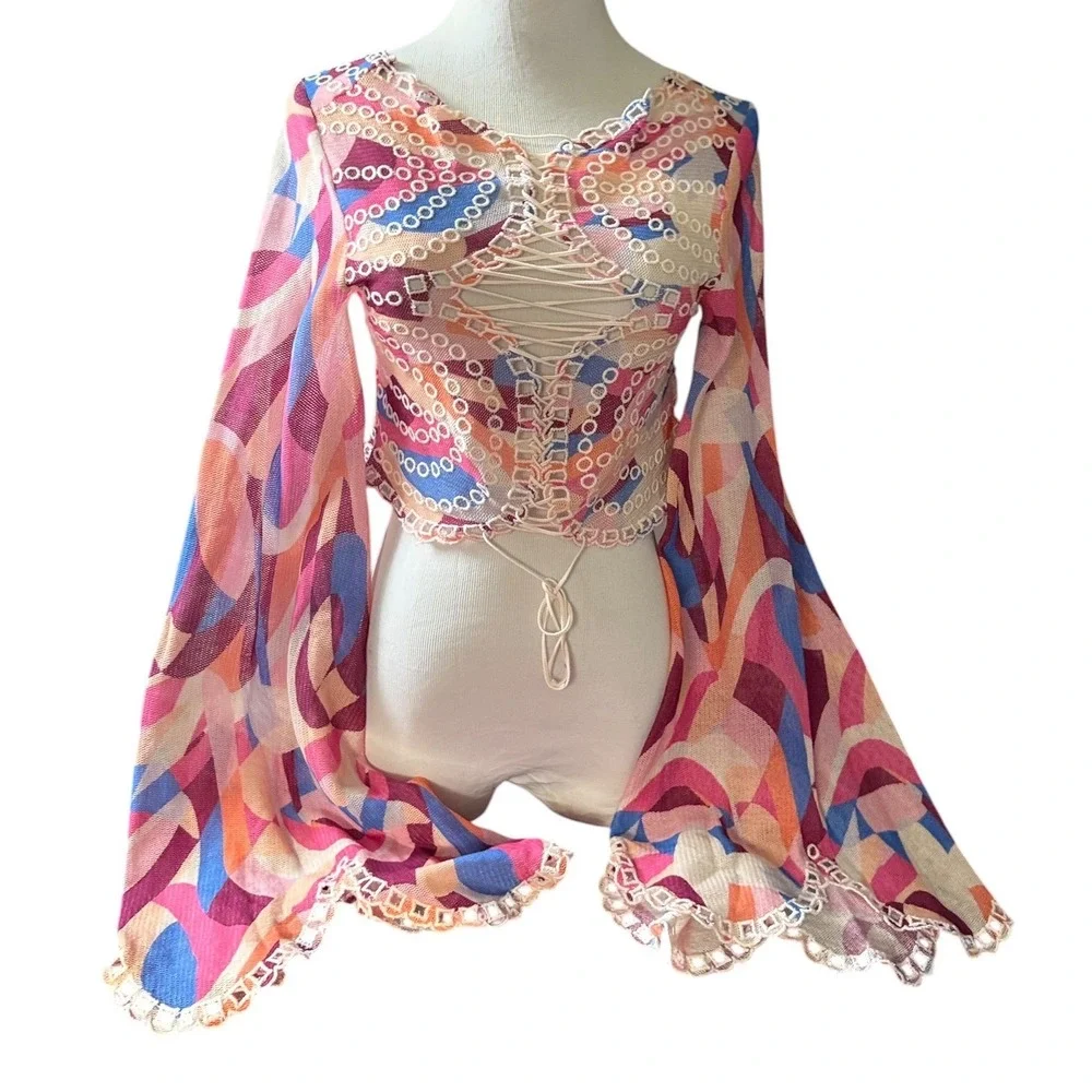 NEW Free People Eyes On You Lace Up Mesh Crop Top Bell Sleeve S Festival Fairy
